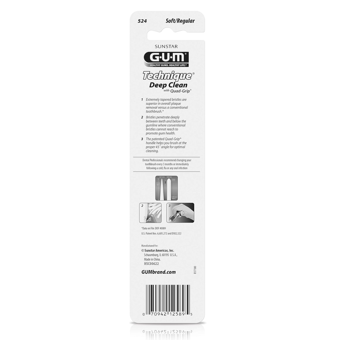 GUM 524 Technique Deep Clean Toothbrush: Compact Head, Soft Bristles for Adults with Sensitive Gums