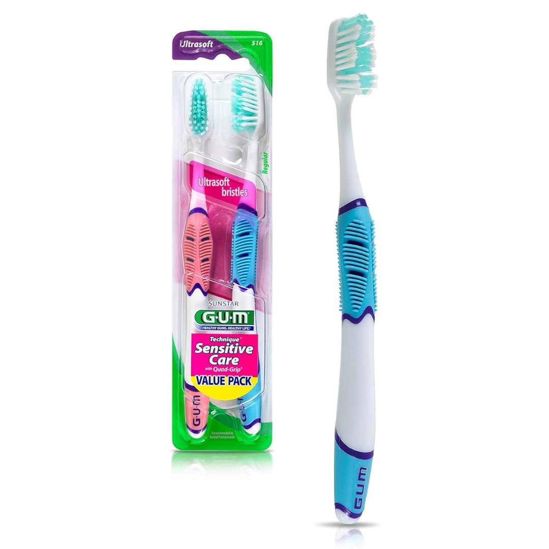 GUM 516 Technique Sensitive Care Toothbrush with Quad-Grip Handle, Ultra Soft Bristles (Packaging May Vary)