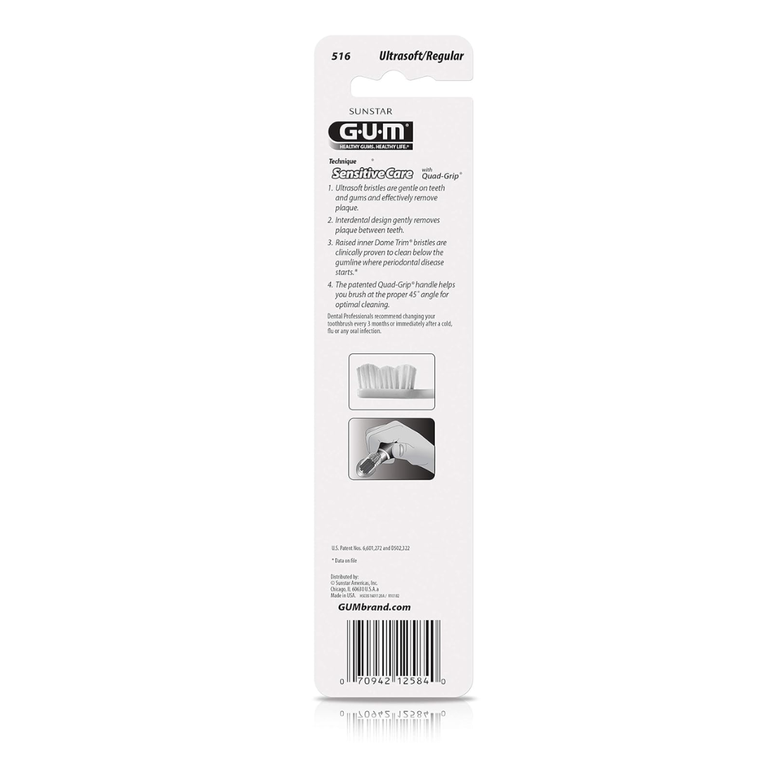 GUM 516 Technique Sensitive Care Toothbrush with Quad-Grip Handle, Ultra Soft Bristles (Packaging May Vary)