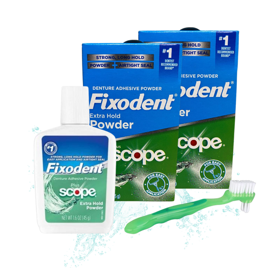 Fixodent w/ Scope Denture Adhesive Powder Bundle: 2 Pack + Denture Brush Included