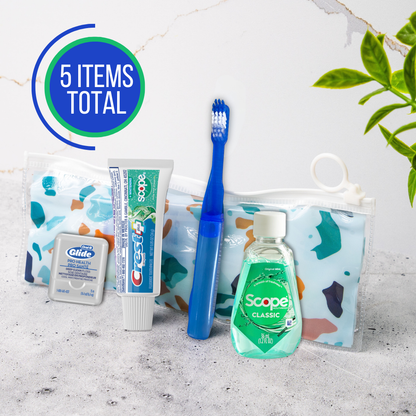 Dental Travel Kit with Toothbrush, Travel Sized Toothpaste, Mouthwash and Floss in a Reusable Zipper Pouch (TSA Approved)