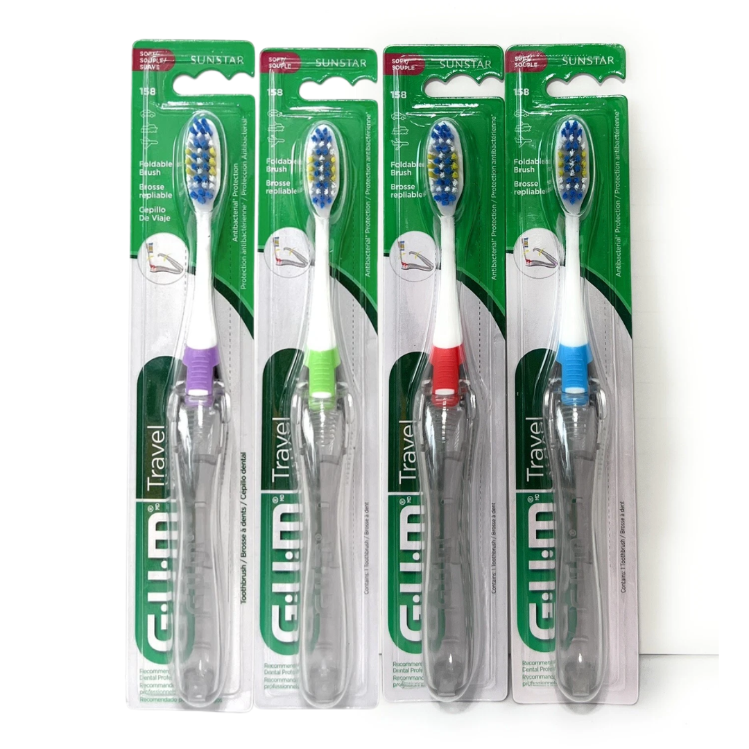GUM 153 Folding Travel Toothbrush with Dome Trim Antibacterial Bristles, Snap-Lock Cap Handle