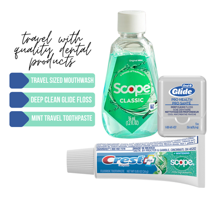 Dental Travel Kit with Toothbrush, Travel Sized Toothpaste, Mouthwash and Floss in a Reusable Zipper Pouch (TSA Approved)