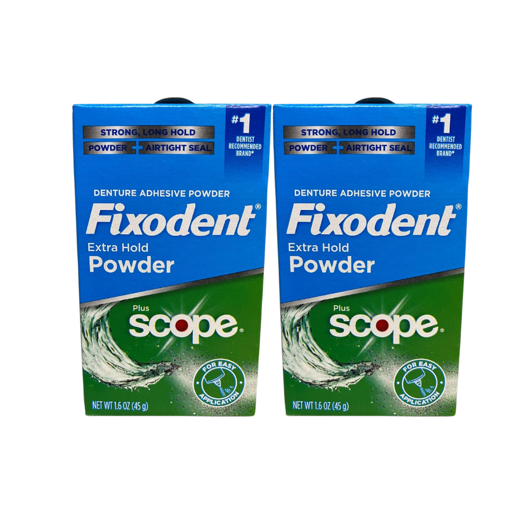 Fixodent w/ Scope Denture Adhesive Powder Bundle: 2 Pack + Denture Brush Included