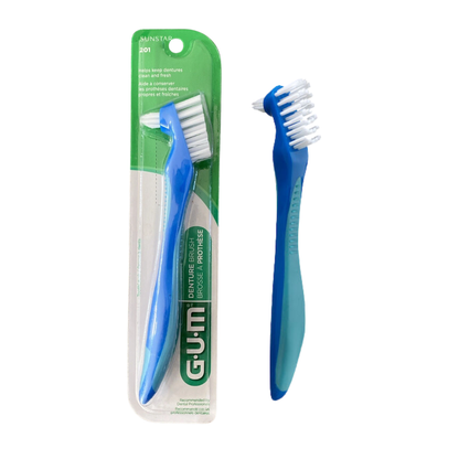 GUM 201 Denture Brush: Dual-Head Denture Cleaning Brush Toothbrush Durable Bristles