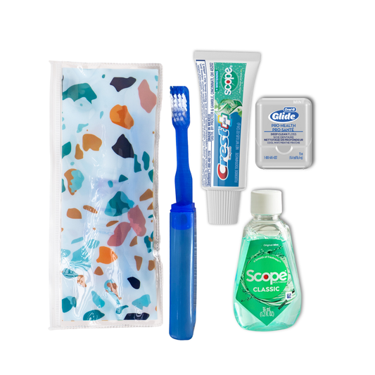 Dental Travel Kit with Toothbrush, Travel Sized Toothpaste, Mouthwash and Floss in a Reusable Zipper Pouch (TSA Approved)
